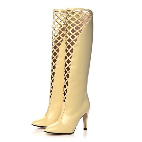 NIB Gucci Lattice Knee-High Boots EU 38.5 US 8.5 Butter Ivory Cutout Leather - Picture 4 of 15